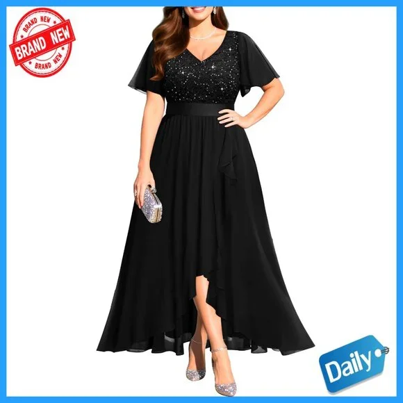 Sequin Chiffon Formal Dress Elegant Evening Wedding Guest Cocktail Gown - Picture 1 of 7